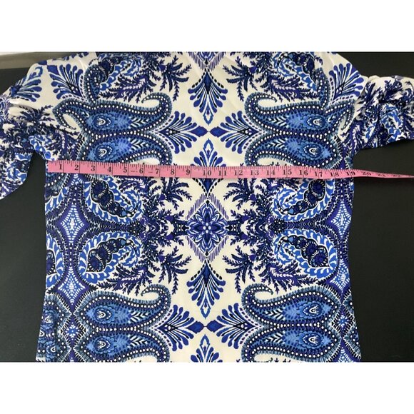 Chico's Dress Womens Sz 2 (12 US) Classic Boho Paisley Blue White Resort Summer - Picture 5 of 10